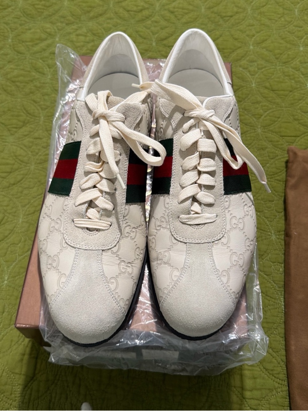 Gucci Cream Monogram Lace-Up Sneakers with Red & Green Web Stripe